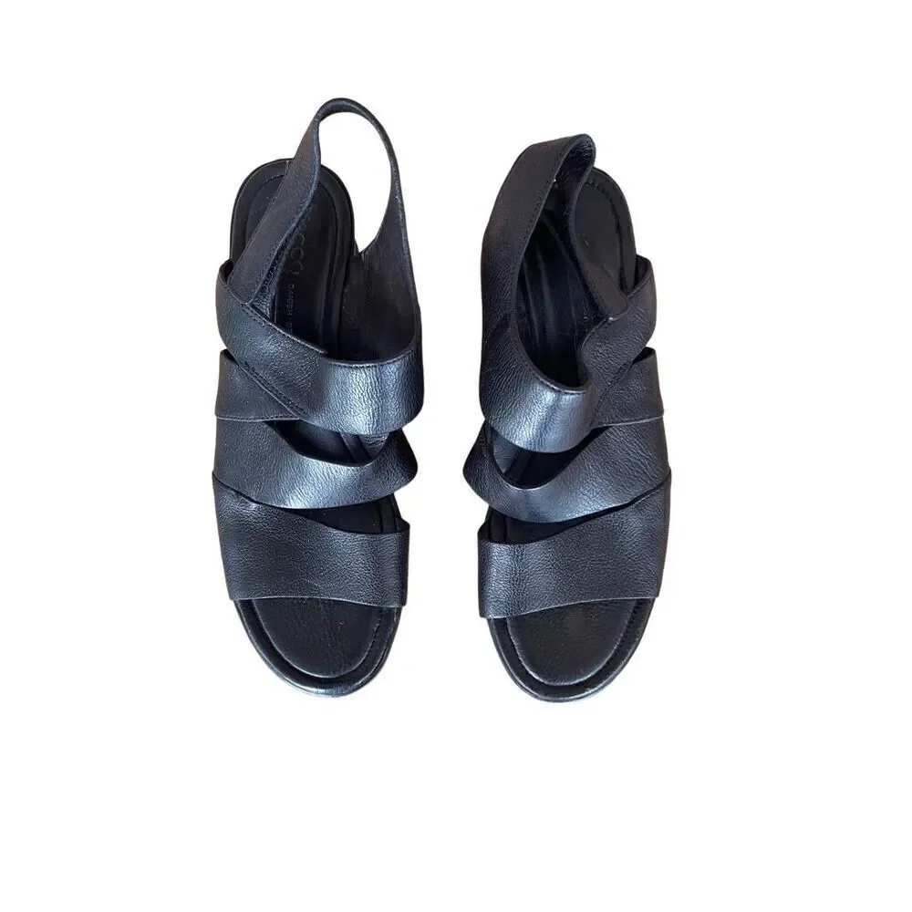 Ecco Womens Black Felicia Hook-And-Loop Wedge Sandals Size 37
